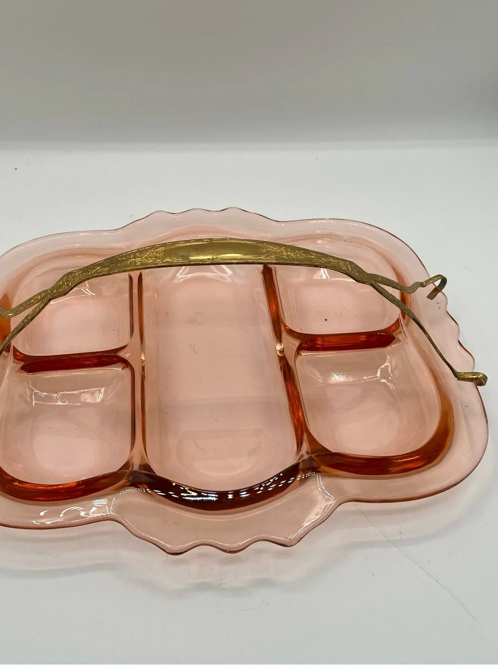 Vintage Pink Glass Divided Serving Tray with Handle from